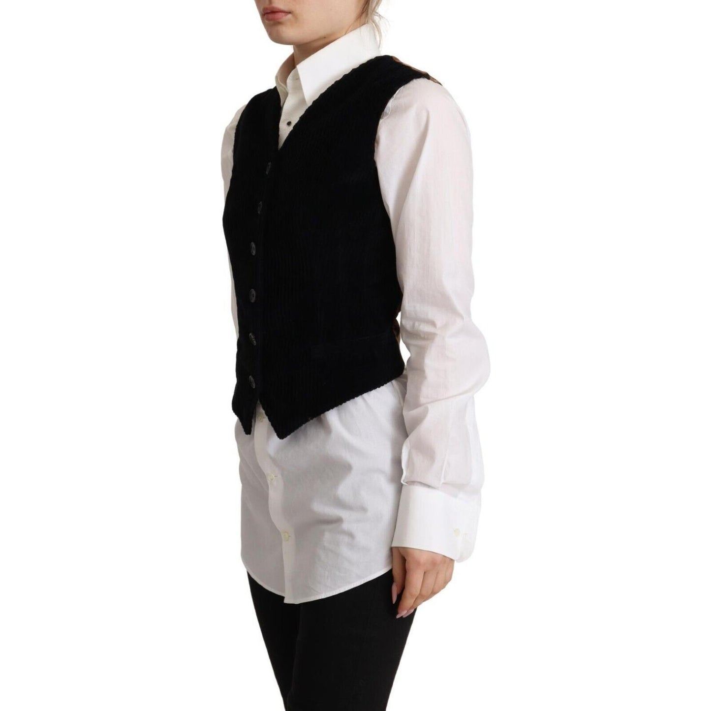 Dolce & Gabbana Black V-neck Leopard Corduroy Button Vest Top Dolce & Gabbana