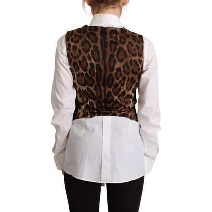 Dolce & Gabbana Black V-neck Leopard Corduroy Button Vest Top Dolce & Gabbana