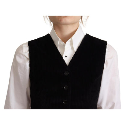 Dolce & Gabbana Black V-neck Leopard Corduroy Button Vest Top Dolce & Gabbana