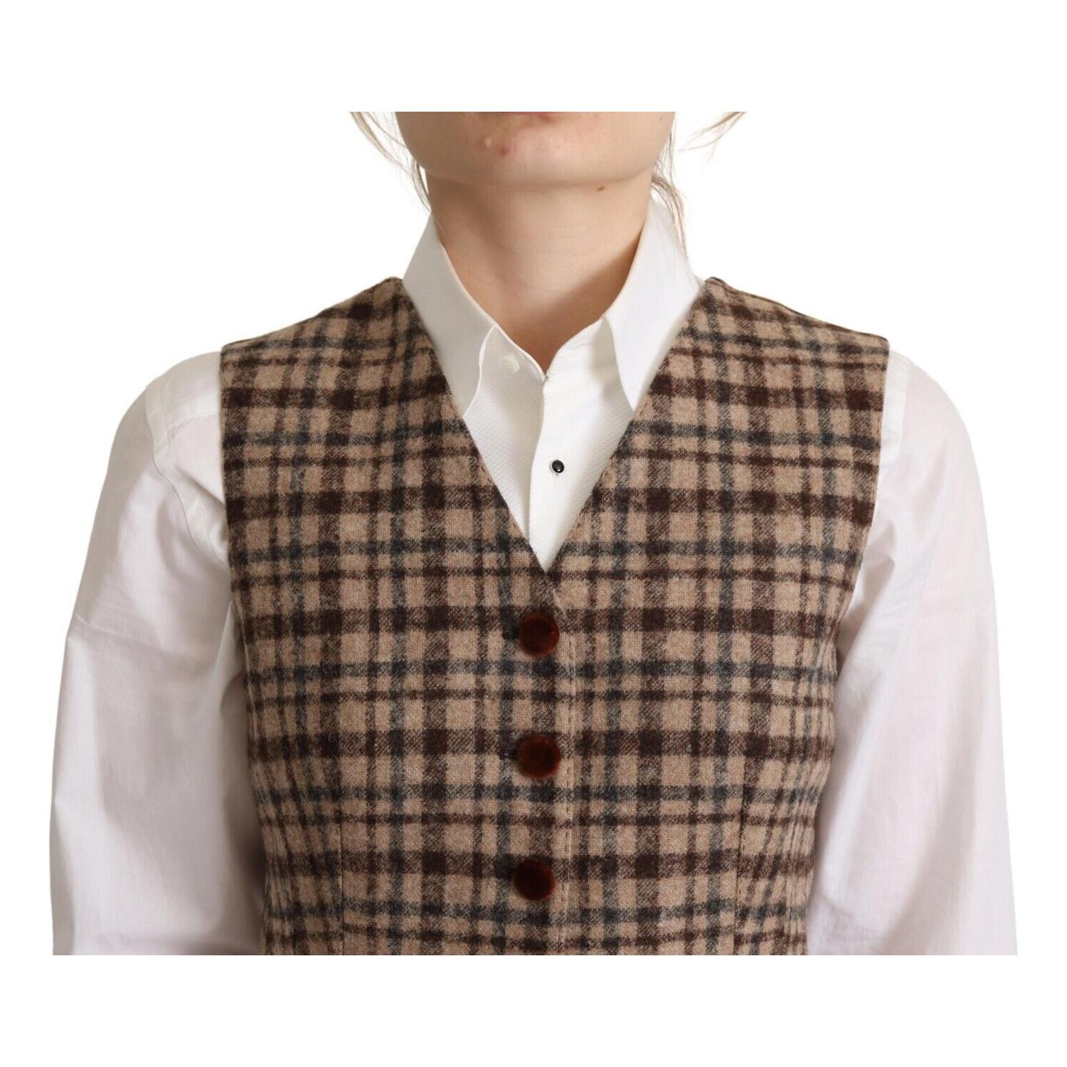 Dolce & Gabbana Brown Checkered Leopard V-neck Sleeveless Vest Top