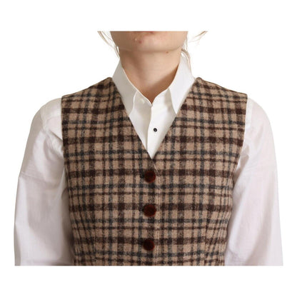 Dolce & Gabbana Brown Checkered Leopard V-neck Sleeveless Vest Top Dolce & Gabbana