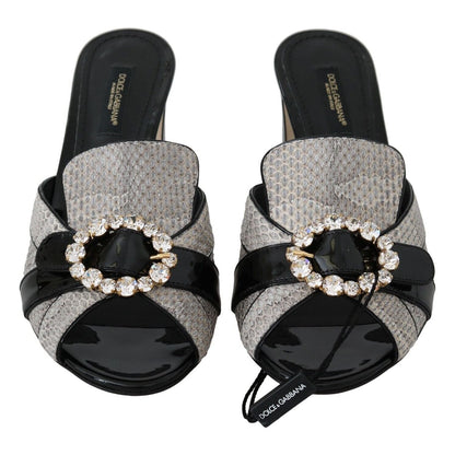 Dolce & Gabbana Black Gray Exotic Leather Crystals Sandals Shoes Dolce & Gabbana