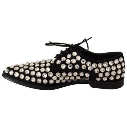 Dolce & Gabbana Black Leather Crystals Lace Up Formal Shoes Dolce & Gabbana