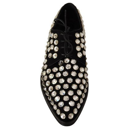 Dolce & Gabbana Black Leather Crystals Lace Up Formal Shoes Dolce & Gabbana