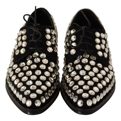 Dolce & Gabbana Black Leather Crystals Lace Up Formal Shoes Dolce & Gabbana