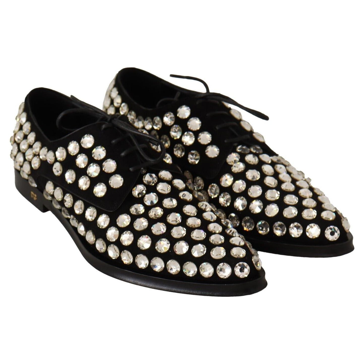 Dolce & Gabbana Black Leather Crystals Lace Up Formal Shoes Dolce & Gabbana