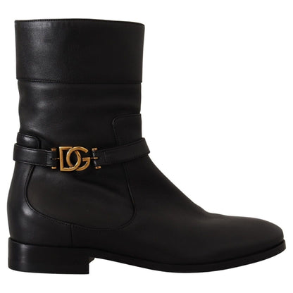 Dolce & Gabbana Black Leather Flats Logo Short Boots Shoes Dolce & Gabbana