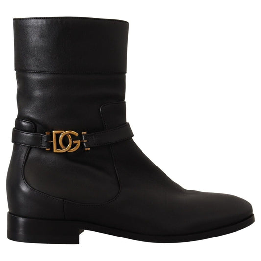 Dolce & Gabbana Black Leather Flats Logo Short Boots Shoes Dolce & Gabbana