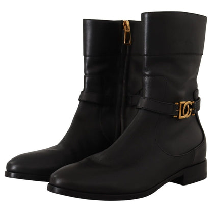 Dolce & Gabbana Black Leather Flats Logo Short Boots Shoes Dolce & Gabbana