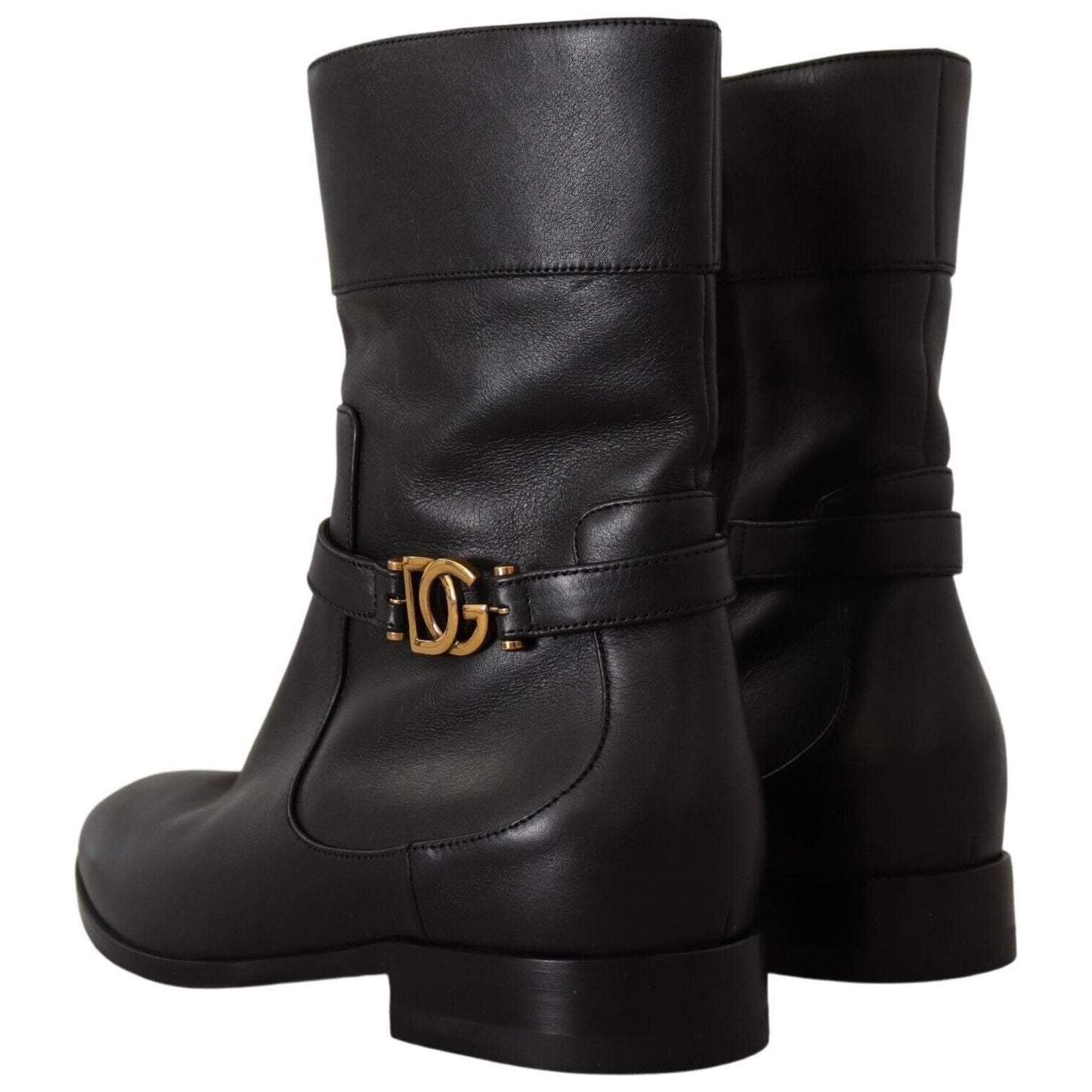 Dolce & Gabbana Black Leather Flats Logo Short Boots Shoes Dolce & Gabbana