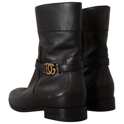 Dolce & Gabbana Black Leather Flats Logo Short Boots Shoes Dolce & Gabbana
