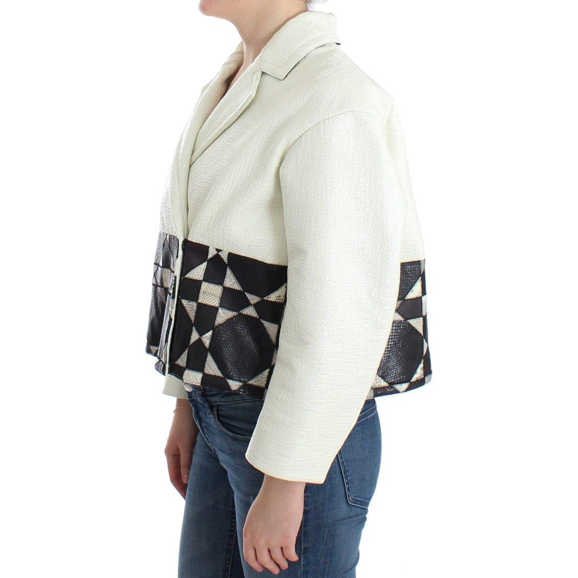 Andrea Pompilio White Black Cropped Leather Jacket 1728,67345645728,Andrea Pompilio,Black/White,Clothing,IT40|S,Jackets & Coats - Clothing,Jackets & Coats - Women - Clothing,Leather Jackets - Jackets & Coats - Clothing,Material: 100% Leather,New with tags