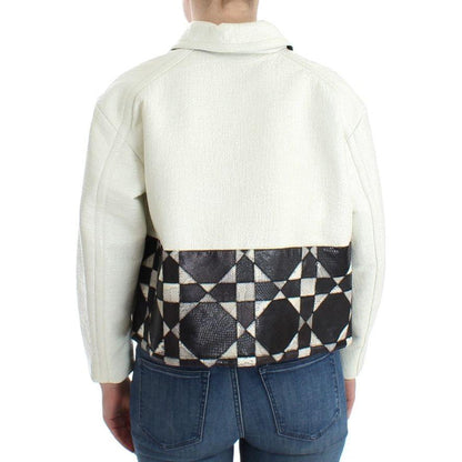 Andrea Pompilio White Black Cropped Leather Jacket 1728,67345645728,Andrea Pompilio,Black/White,Clothing,IT40|S,Jackets & Coats - Clothing,Jackets & Coats - Women - Clothing,Leather Jackets - Jackets & Coats - Clothing,Material: 100% Leather,New with tags