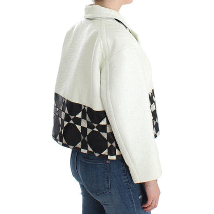 Andrea Pompilio White Black Cropped Leather Jacket 1728,67345645728,Andrea Pompilio,Black/White,Clothing,IT40|S,Jackets & Coats - Clothing,Jackets & Coats - Women - Clothing,Leather Jackets - Jackets & Coats - Clothing,Material: 100% Leather,New with tags