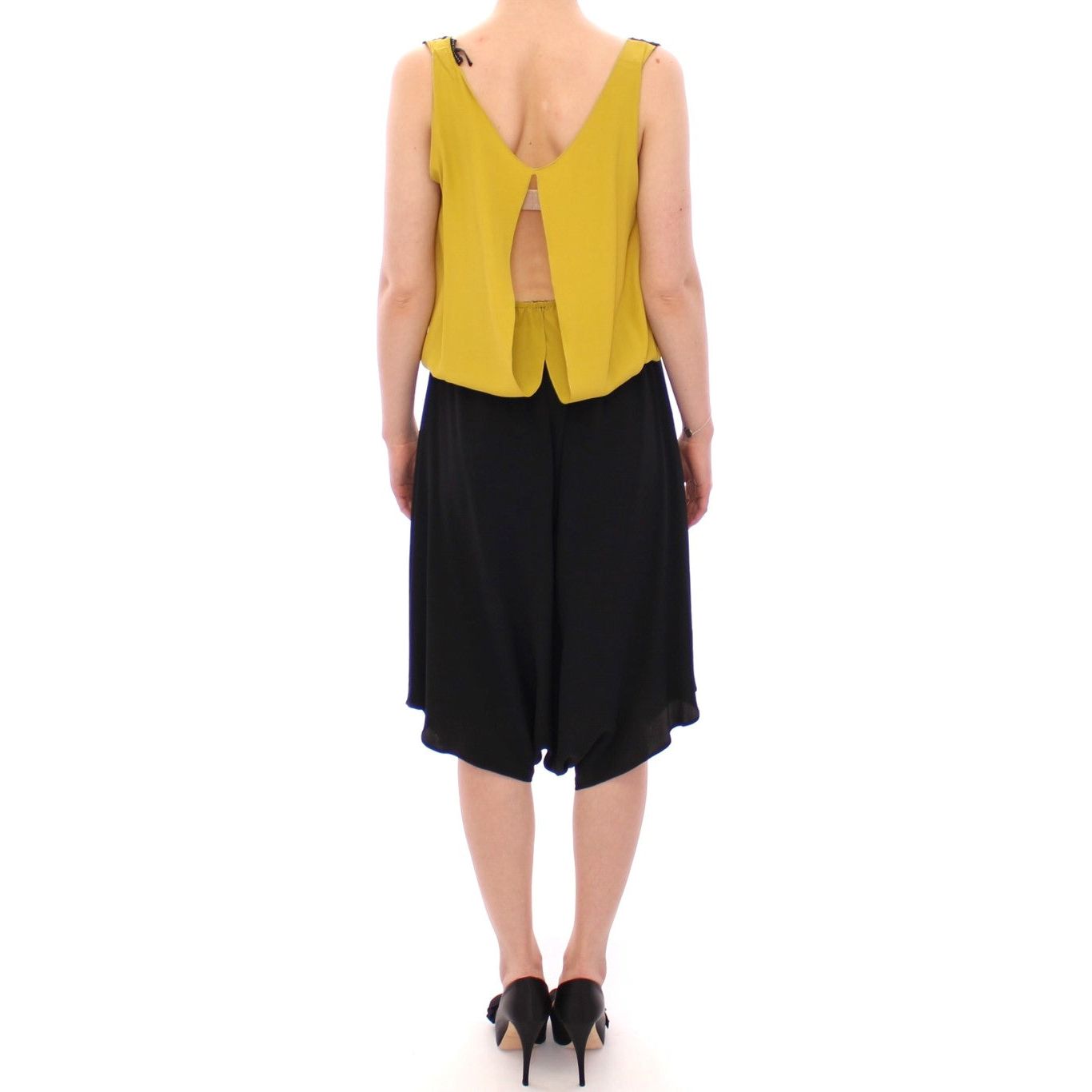 Elegant Silk Blend Shift Dress in Black and Yellow