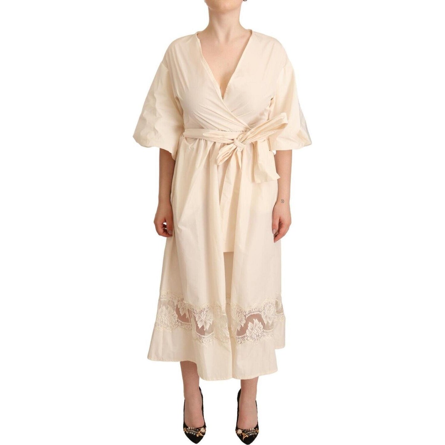 PINK MEMORIES Off White Short Sleeves Maxi A-line Wrap Dress