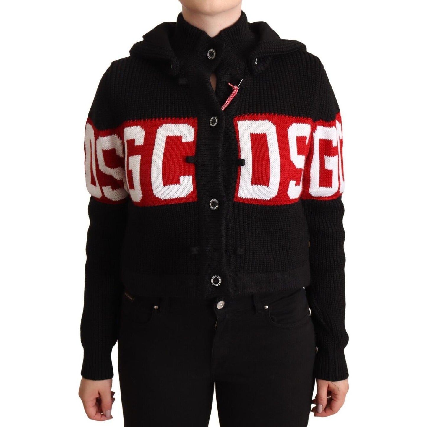 GCDS Black Cashmere Hooded Button Down Logo Cardigan Jacket GCDS