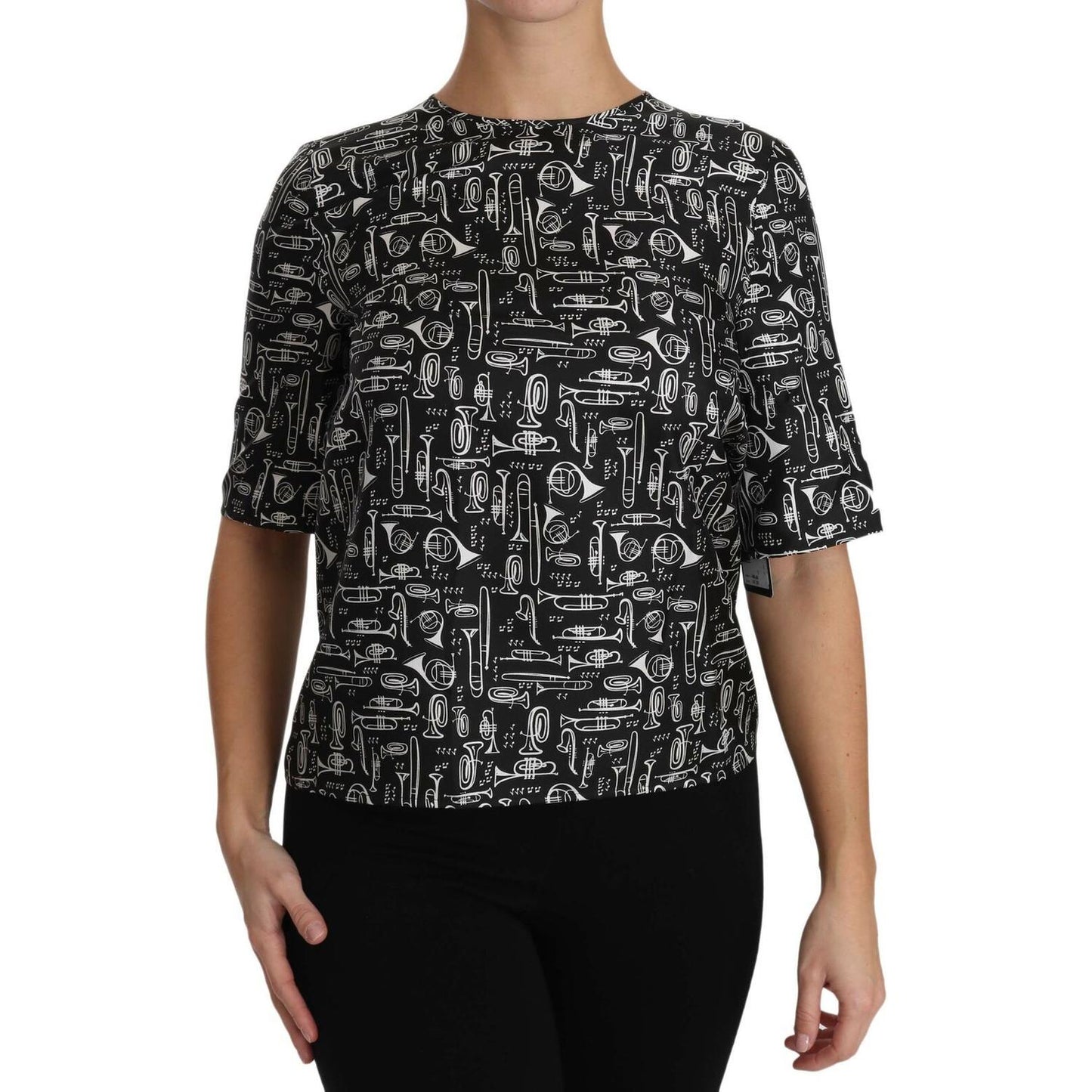 Dolce & Gabbana Black Musical Instruments Print Silk Blouse Dolce & Gabbana