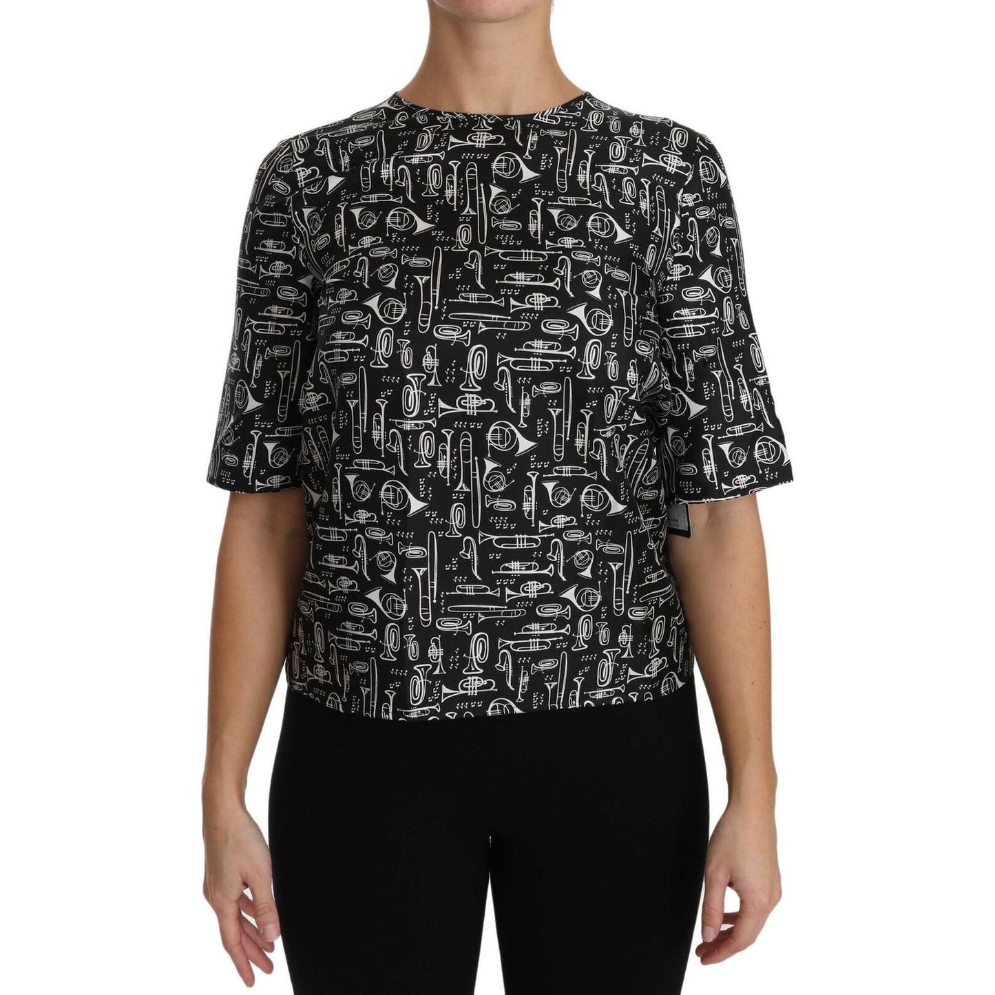 Dolce & Gabbana Black Musical Instruments Print Silk Blouse Dolce & Gabbana