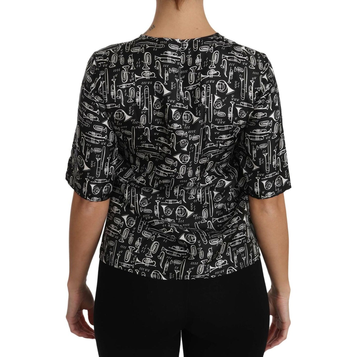 Dolce & Gabbana Black Musical Instruments Print Silk Blouse Dolce & Gabbana