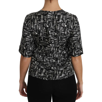 Dolce & Gabbana Black Musical Instruments Print Silk Blouse Dolce & Gabbana