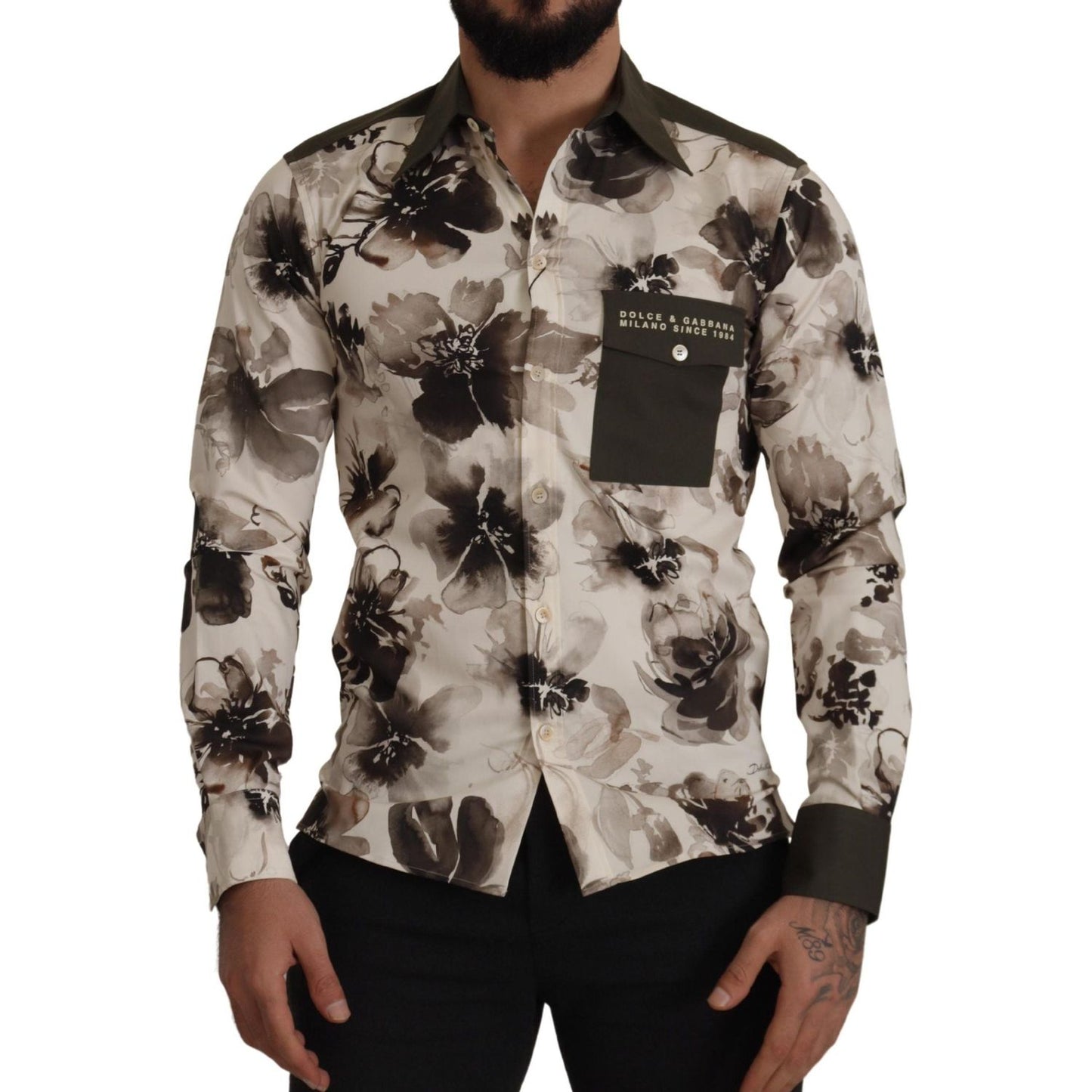Dolce & Gabbana Green Beige Floral Cotton Stretch Exclusive Shirt Dolce & Gabbana