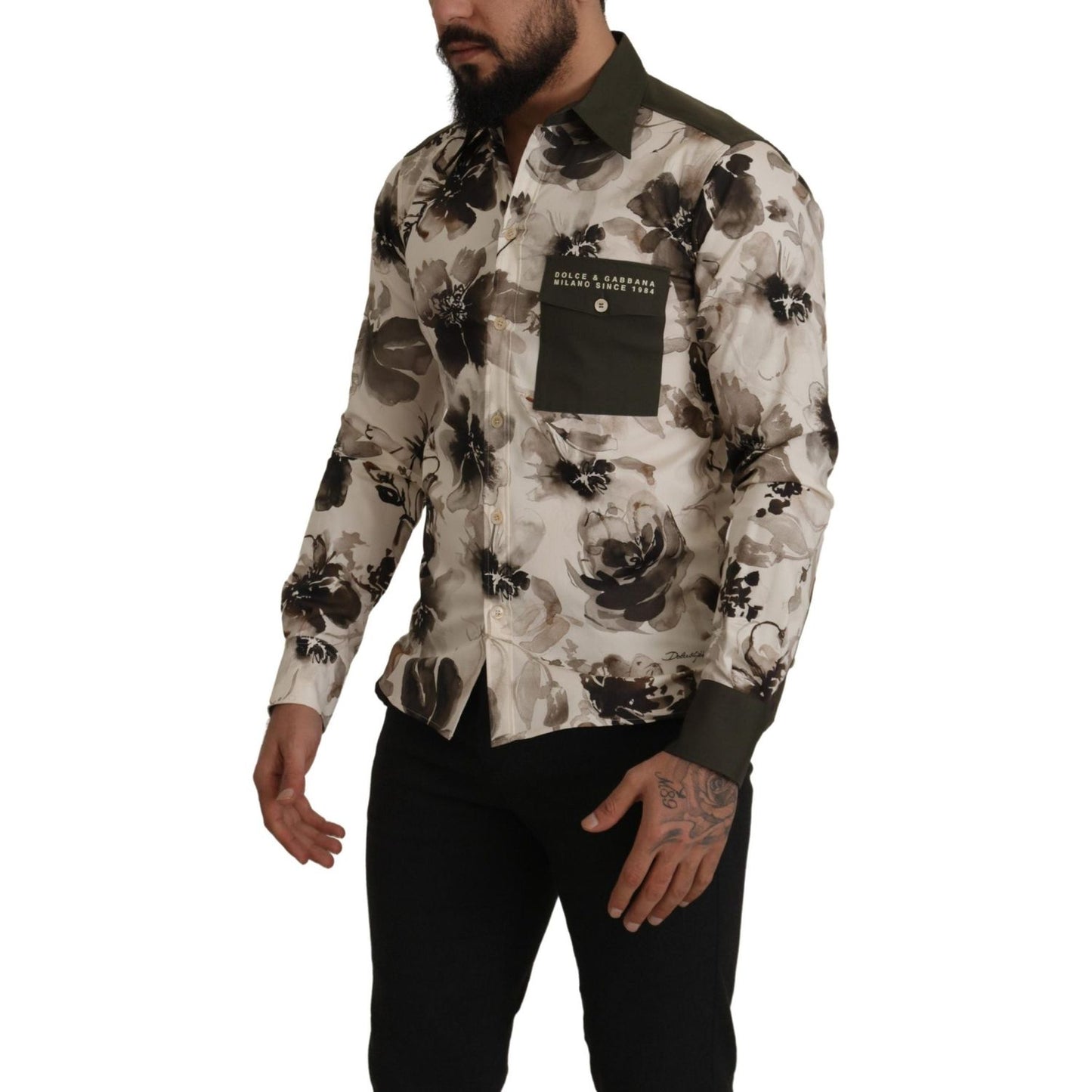 Dolce & Gabbana Green Beige Floral Cotton Stretch Exclusive Shirt Dolce & Gabbana