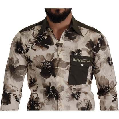 Dolce & Gabbana Green Beige Floral Cotton Stretch Exclusive Shirt Dolce & Gabbana