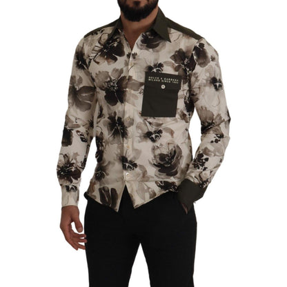 Dolce & Gabbana Green Beige Floral Cotton Stretch Exclusive Shirt Dolce & Gabbana