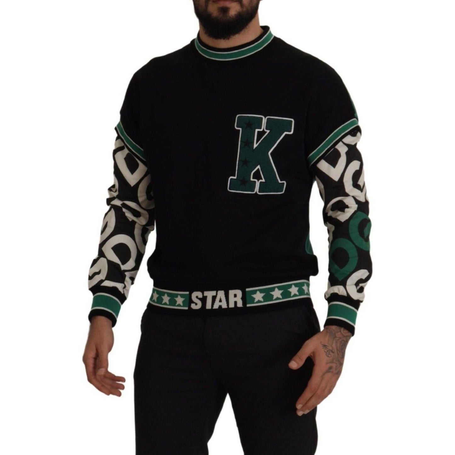 Dolce & Gabbana Black Green Cotton KING Star Crewneck Pullover Sweater Dolce & Gabbana
