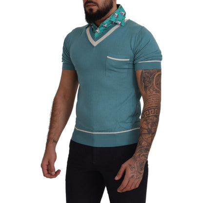Dolce & Gabbana Blue Silk Polo Top Mens V-neck T-shirt Dolce & Gabbana