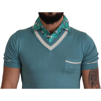 Dolce & Gabbana Blue Silk Polo Top Mens V-neck T-shirt Dolce & Gabbana