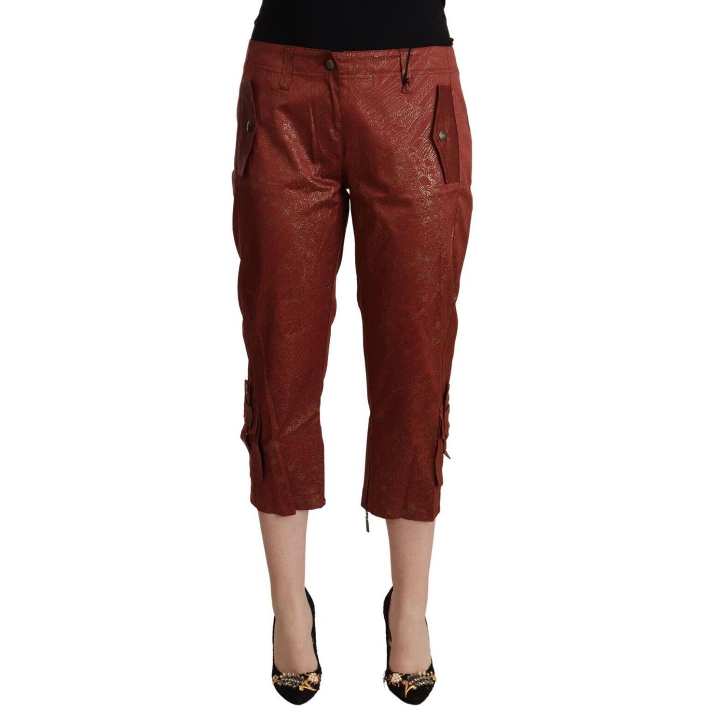Just Cavalli Brown Lurex Mid Waist Cotton Cropped Capri Pants Just Cavalli