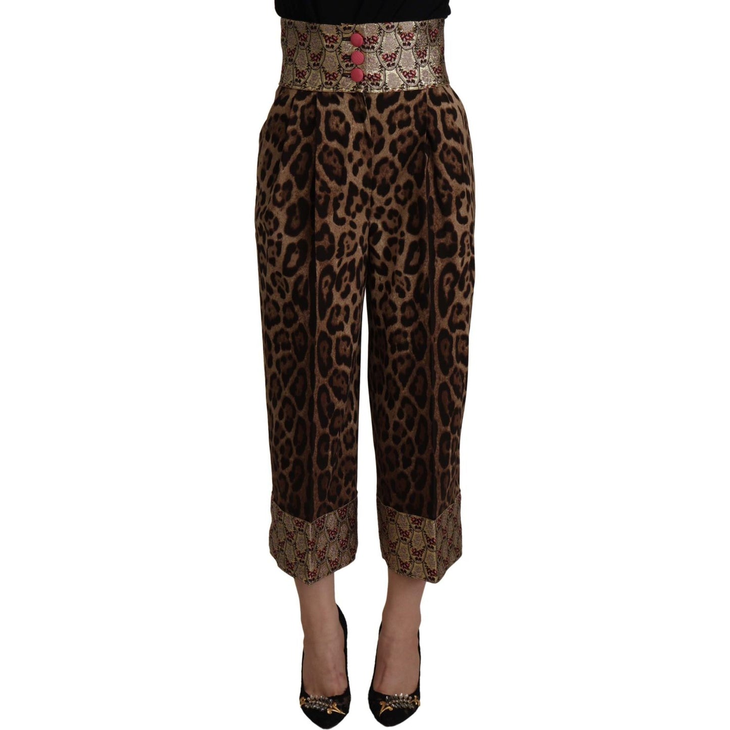 Dolce & Gabbana Brown Leopard Gold Jacquard High Waist Pants Dolce & Gabbana