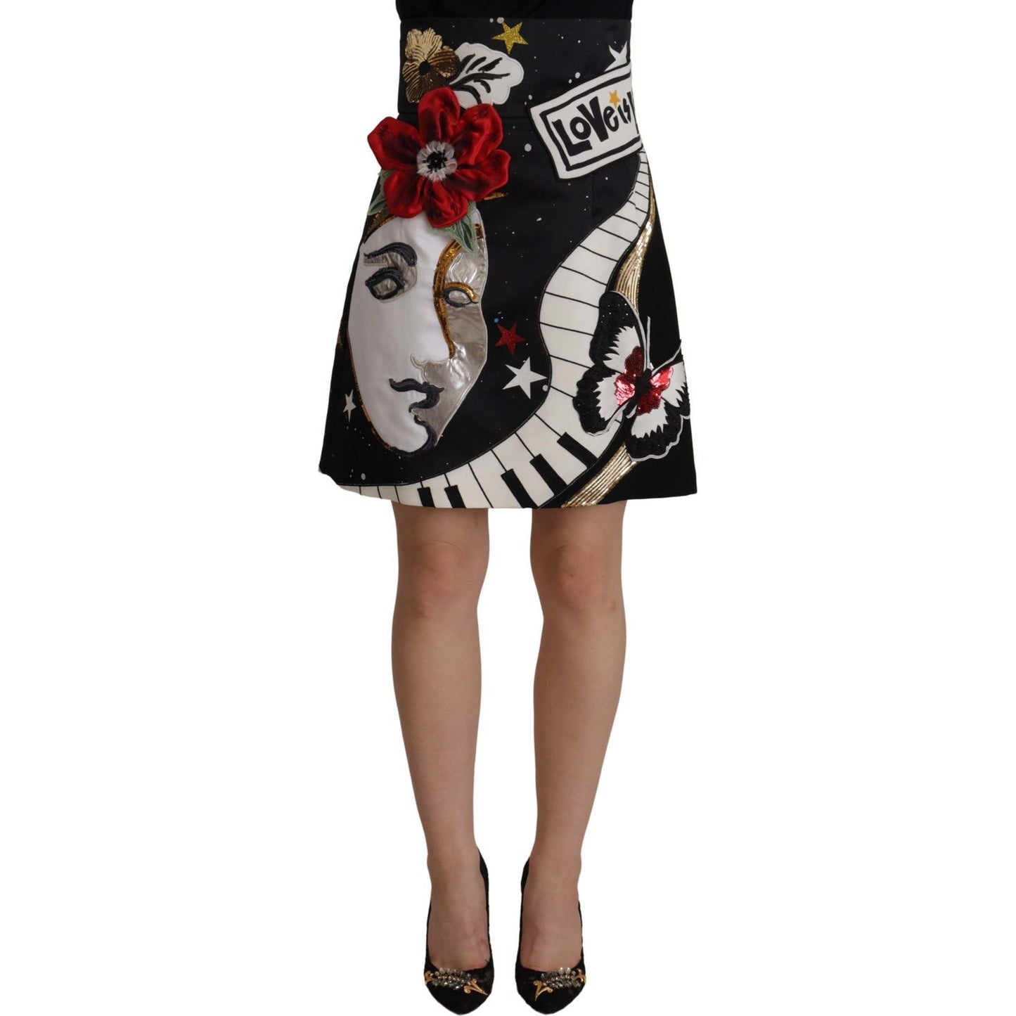 Dolce & Gabbana Black Love Clock Sequined Piano Skirt Dolce & Gabbana