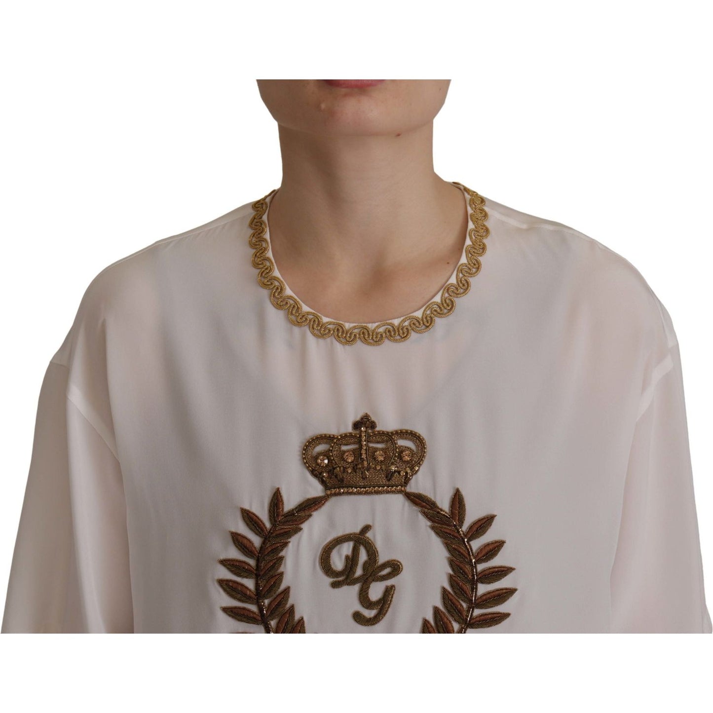 Dolce & Gabbana White Silk Gold DG Crown Crystal Blouse Top Dolce & Gabbana