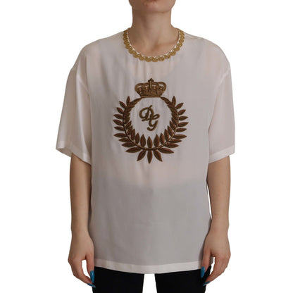 Dolce & Gabbana White Silk Gold DG Crown Crystal Blouse Top Dolce & Gabbana
