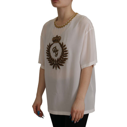 Dolce & Gabbana White Silk Gold DG Crown Crystal Blouse Top Dolce & Gabbana