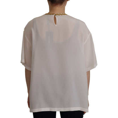 Dolce & Gabbana White Silk Gold DG Crown Crystal Blouse Top Dolce & Gabbana