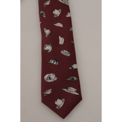 Dolce & Gabbana Maroon Hat Pattern 100% Silk Adjustable Accessory Tie Dolce & Gabbana
