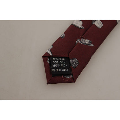 Dolce & Gabbana Maroon Hat Pattern 100% Silk Adjustable Accessory Tie Dolce & Gabbana