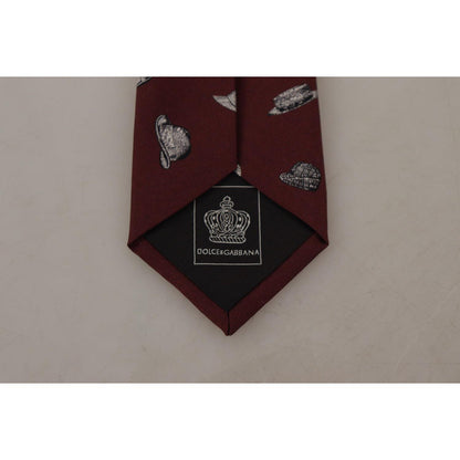 Dolce & Gabbana Maroon Hat Pattern 100% Silk Adjustable Accessory Tie Dolce & Gabbana
