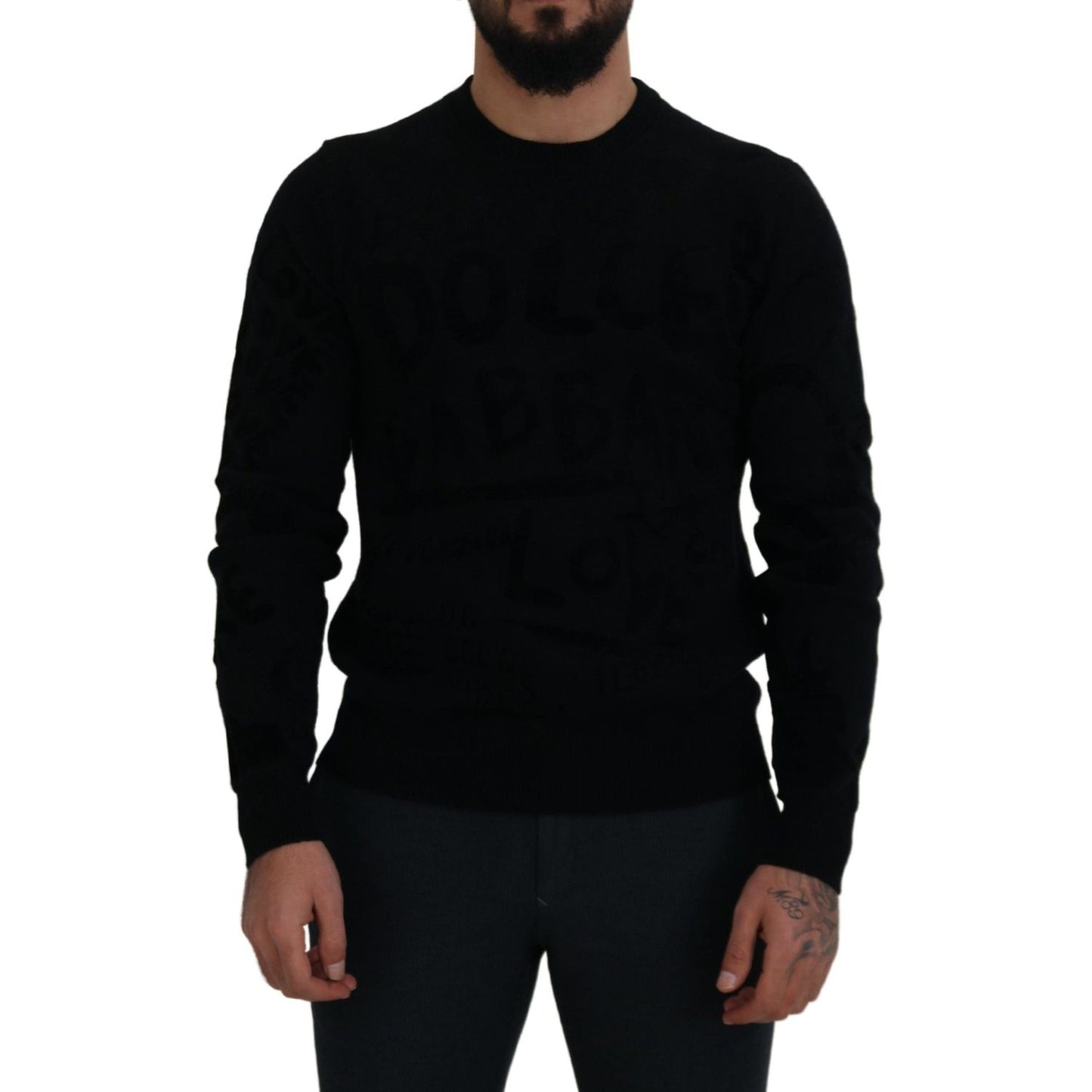 Dolce & Gabbana Black Wool Logo Pattern Crewneck Pullover Sweater Dolce & Gabbana