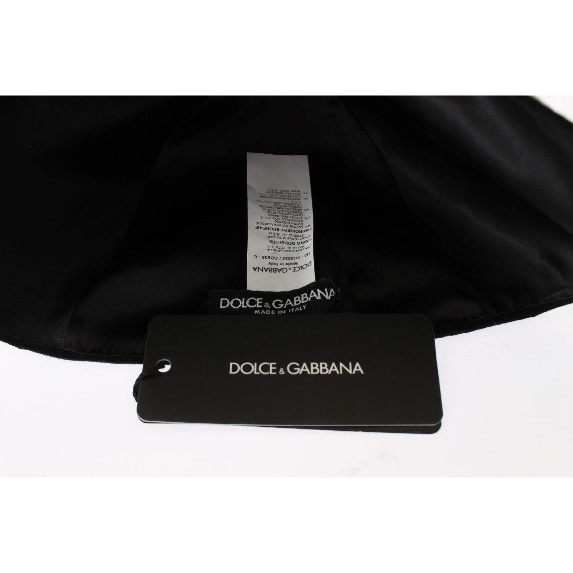 Dolce & Gabbana Black Wool White Floral Gold Leaf Hat