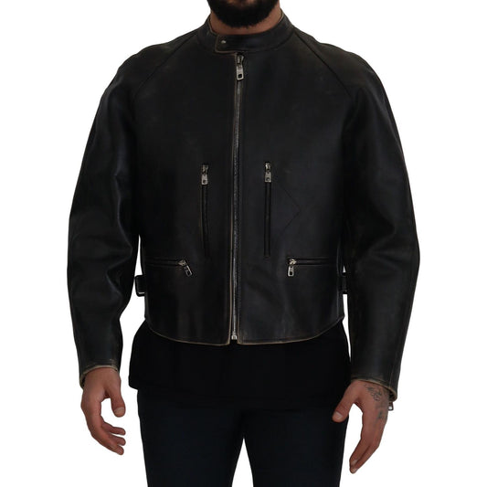 Dolce & Gabbana Black Leather Zipper Biker Coat Jacket Dolce & Gabbana