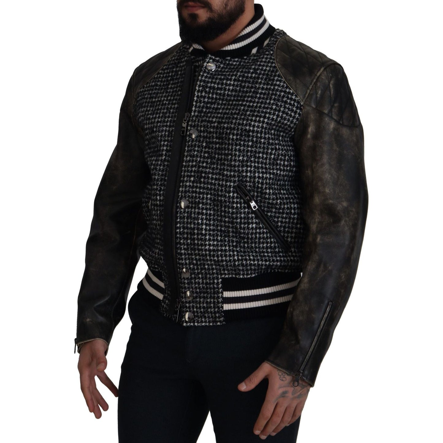 Dolce & Gabbana Black Houndstooth Polyester Bomber Jacket Dolce & Gabbana