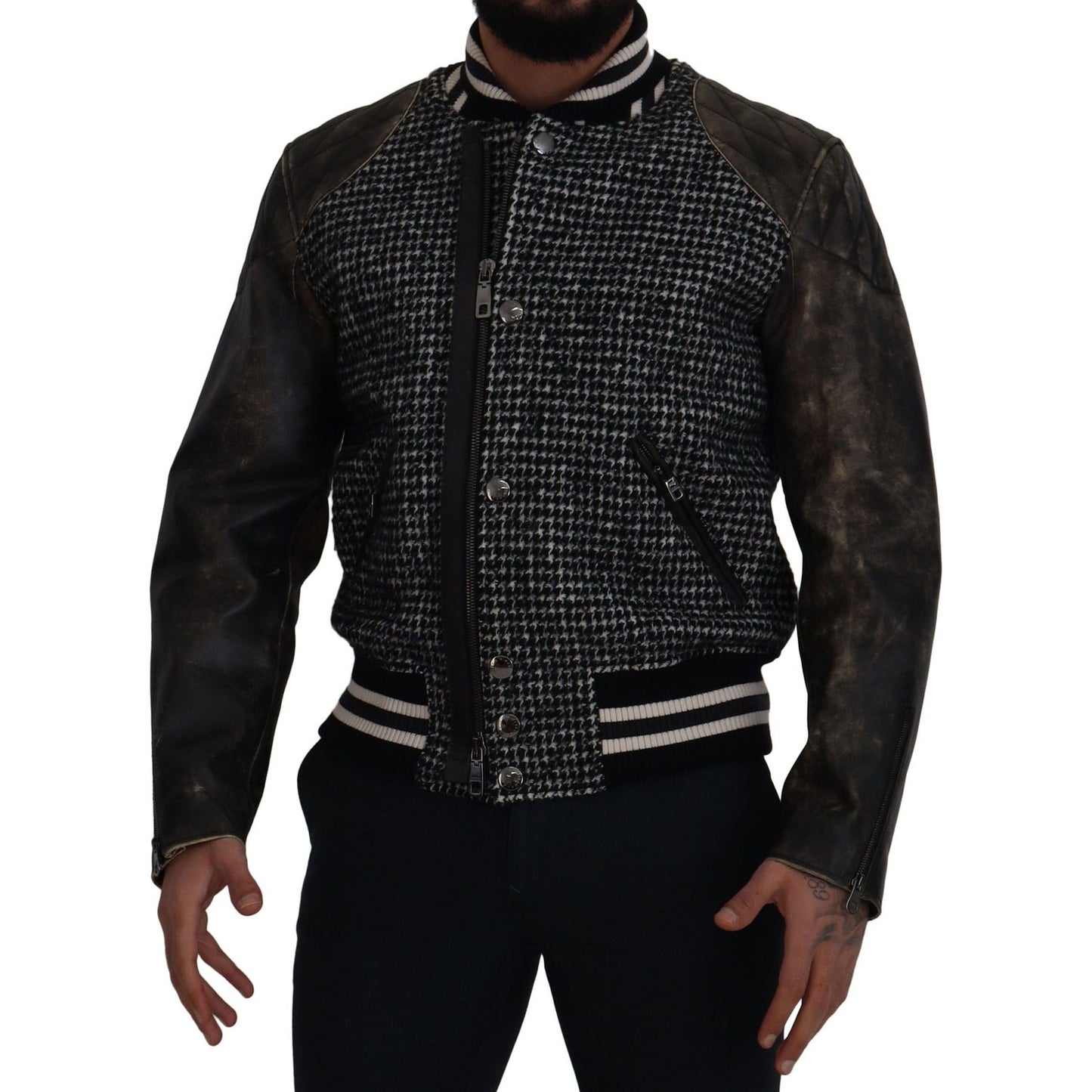 Dolce & Gabbana Black Houndstooth Polyester Bomber Jacket Dolce & Gabbana