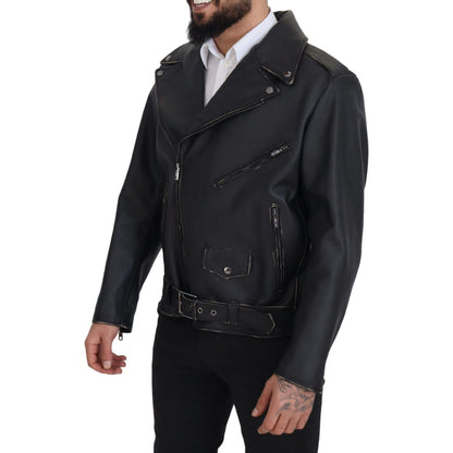 Dolce & Gabbana Black Leather Biker Coat Zipper Jacket Dolce & Gabbana
