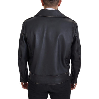 Dolce & Gabbana Black Leather Biker Coat Zipper Jacket Dolce & Gabbana