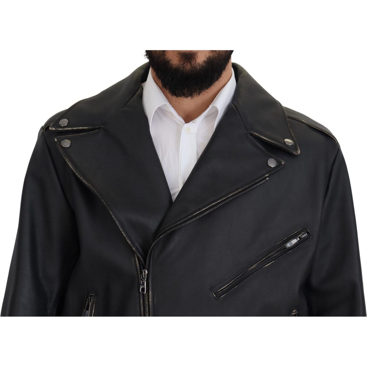 Dolce & Gabbana Black Leather Biker Coat Zipper Jacket Dolce & Gabbana